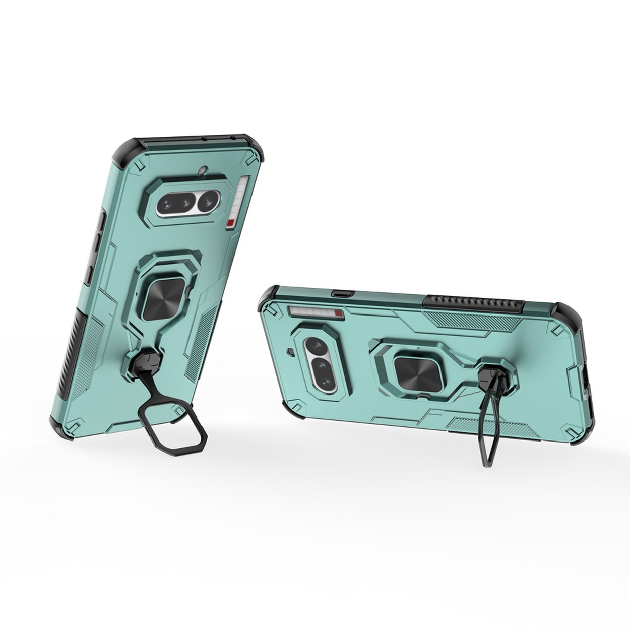 Deux coques de téléphone turquoise avec support anneau sont présentées. L'une est debout, l'autre couchée.