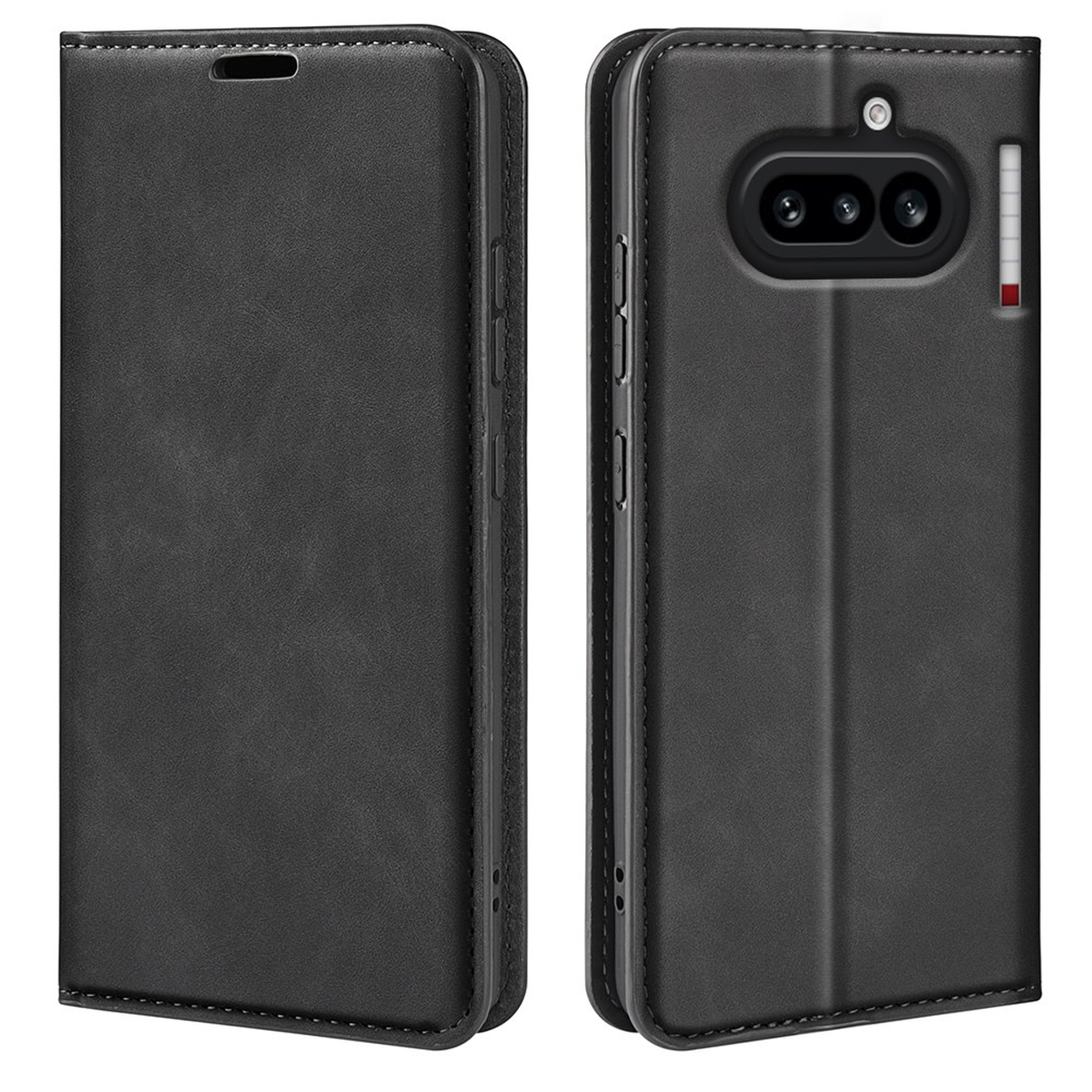 Étui à rabat en cuir noir pour smartphone, vue avant et arrière.