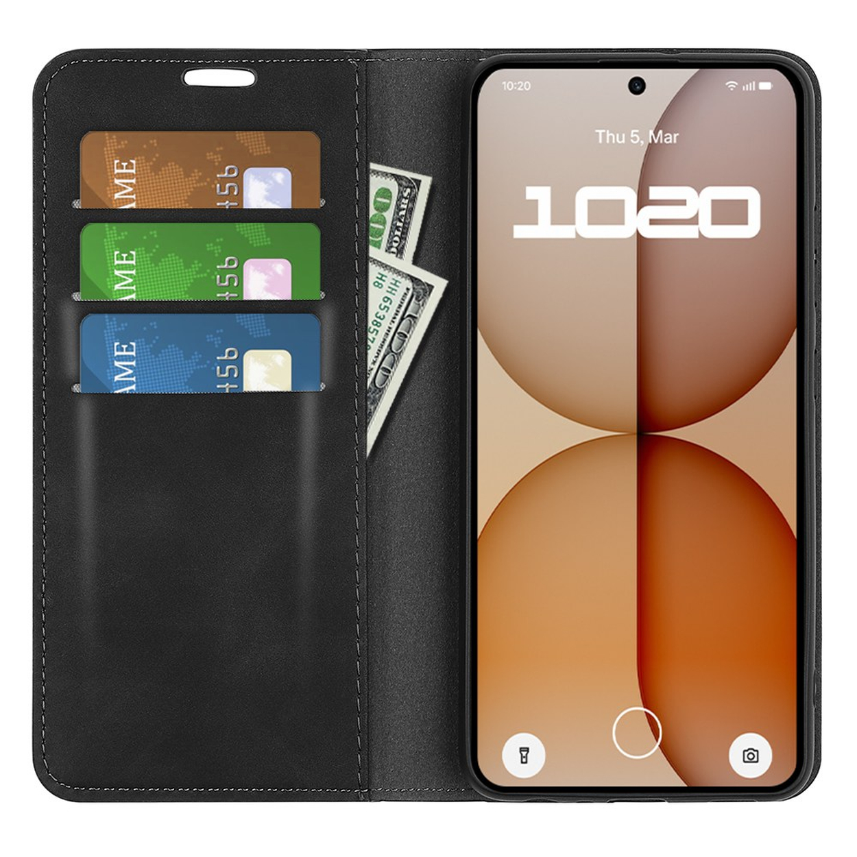 Étui de téléphone noir avec fentes pour cartes et billets, à côté d'un smartphone.