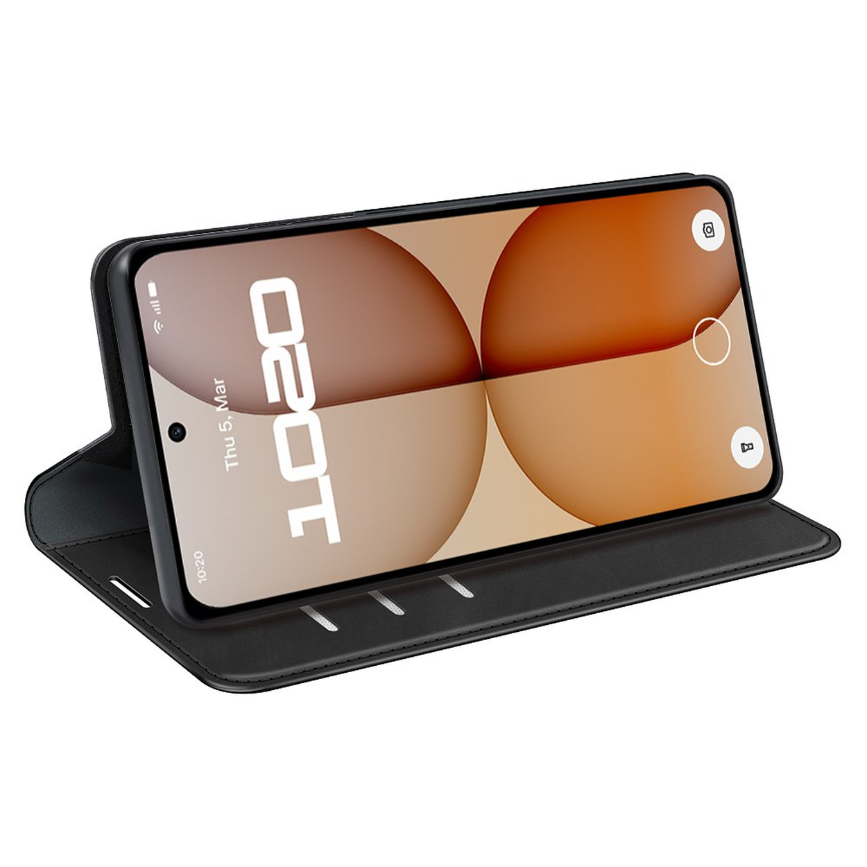 Un étui de téléphone noir avec un téléphone affichant un fond d'écran géométrique et une interface caméra.