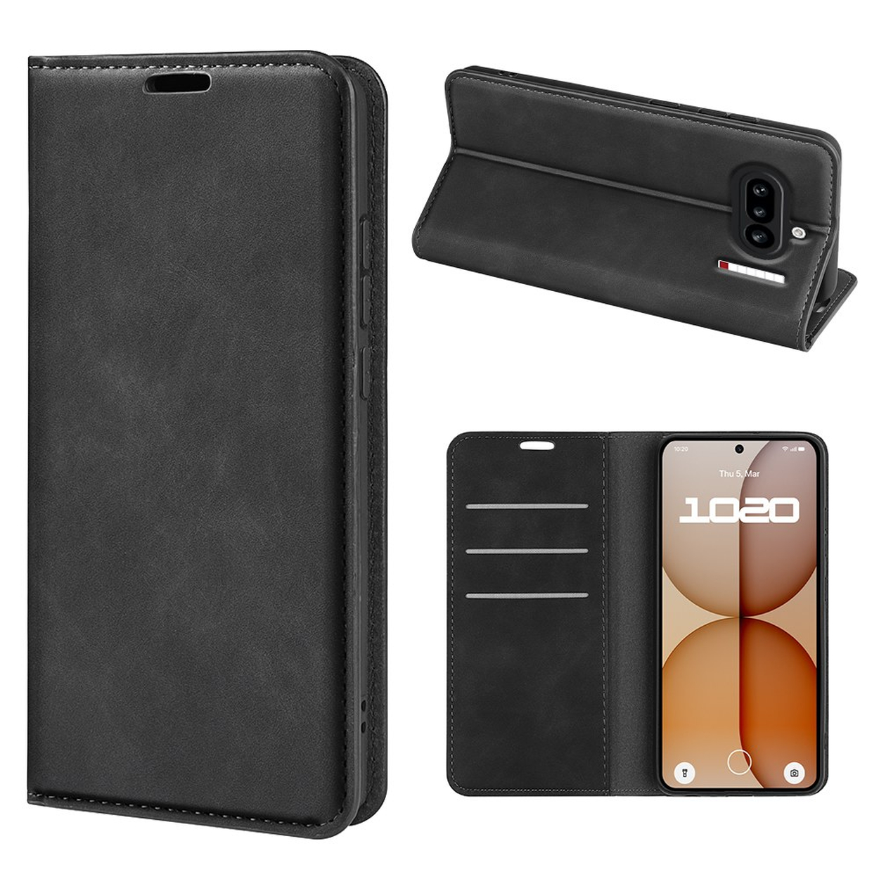 Coque de téléphone noire à rabat, montrant les vues avant et arrière.