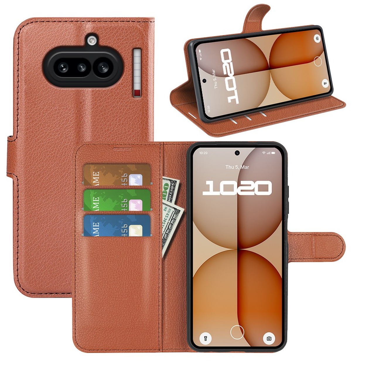 Étui en cuir marron avec téléphone, fentes pour cartes et argent.