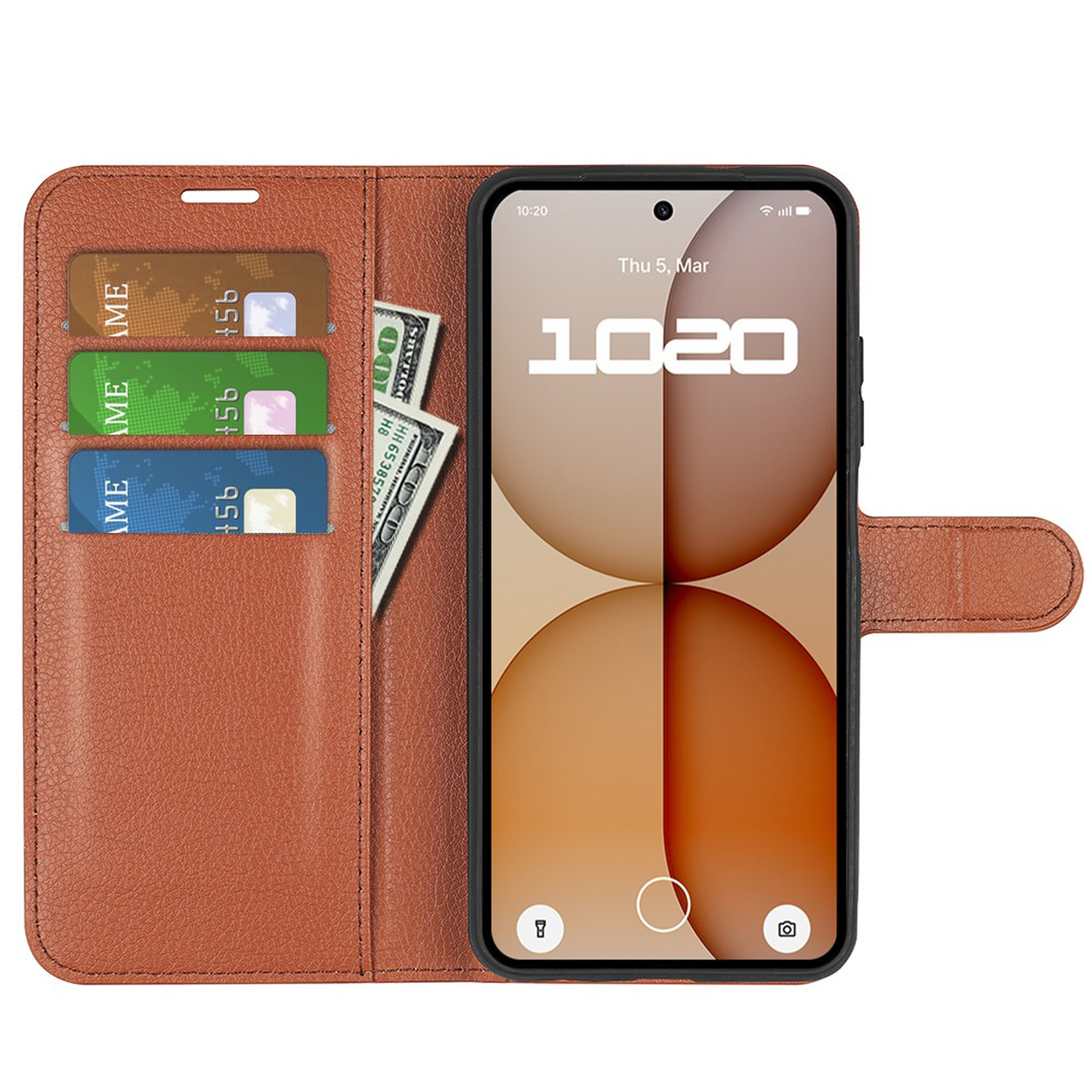 Étui de téléphone en cuir marron avec fentes pour cartes et argent, ouvert montrant l'écran.