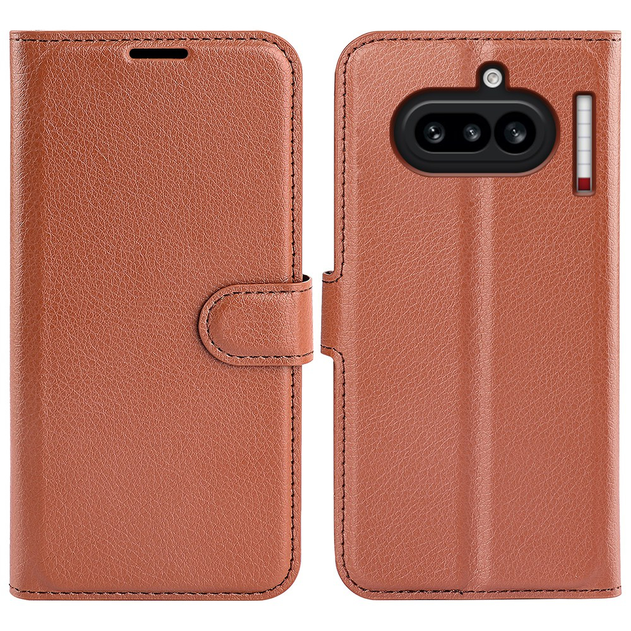 Étui de téléphone en cuir marron avec découpes caméra et fermeture à lanière.