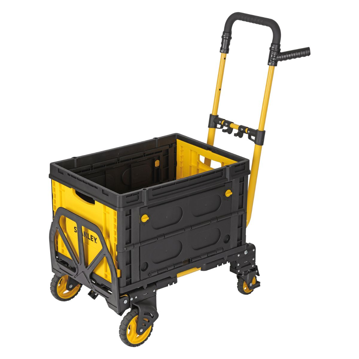 A yellow and black folding utility cart with a telescoping handle.