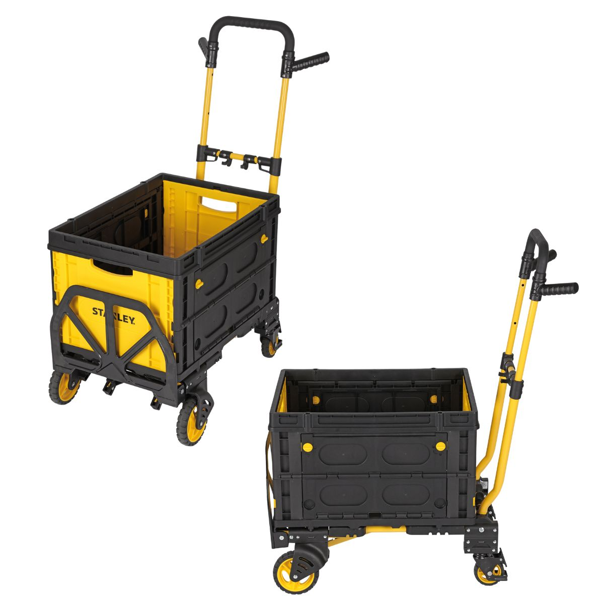 Two folding utility carts with yellow handles and black bins on a white background.