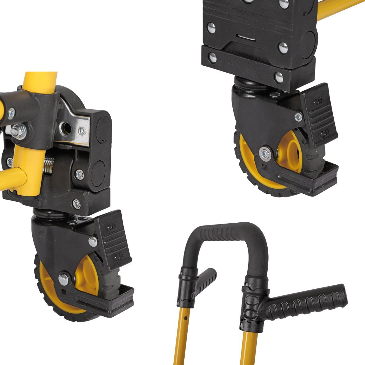 Close-up of yellow and black industrial equipment parts: wheels, handles, and joints.