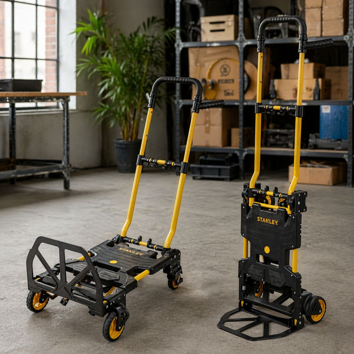 Two yellow and black hand trucks are standing side by side on a concrete floor.