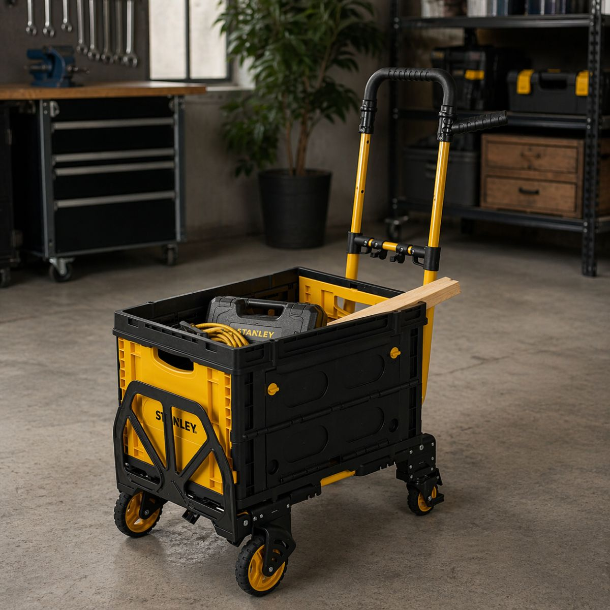 Yellow and black folding cart with tools and wood in a workshop setting.