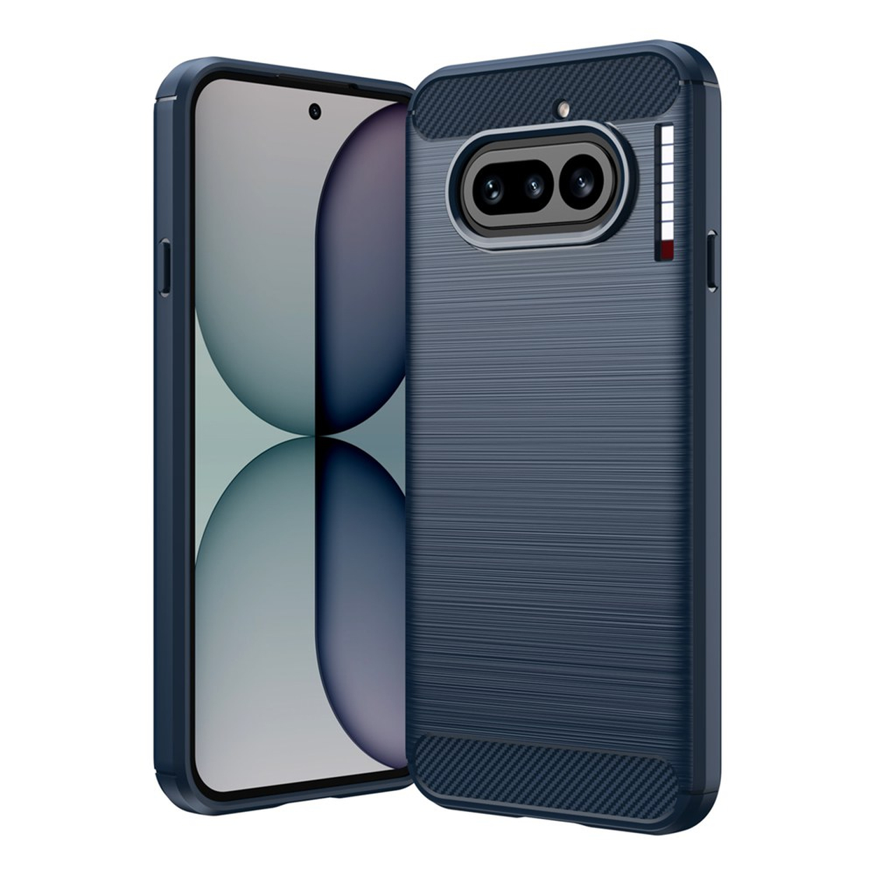 Donkerblauwe telefoonhoes met geborstelde afwerking en cameramodule.