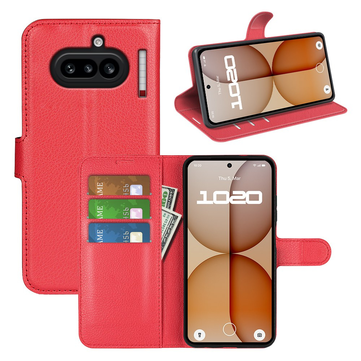 Étui portefeuille en cuir rouge avec téléphone, fentes pour cartes et argent.