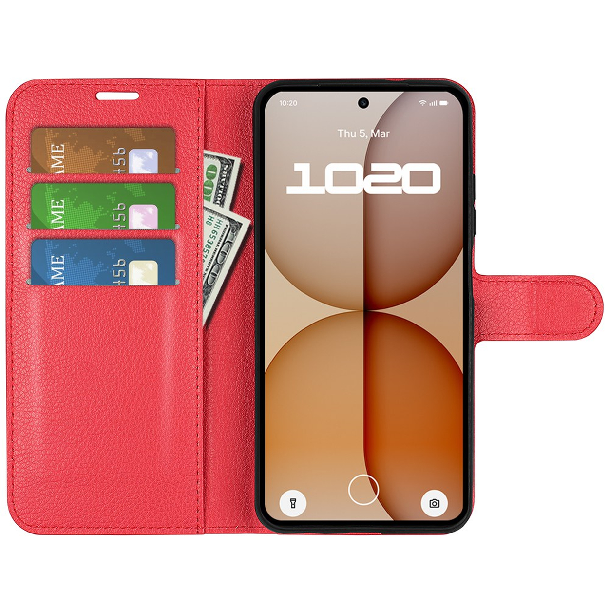 Étui portefeuille rouge pour téléphone avec fentes pour cartes et poche à billets. Écran affiche l'heure et la date.