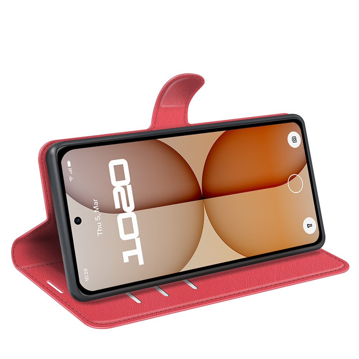 Un étui à rabat en cuir rouge pour smartphone, ouvert sur fond blanc.
