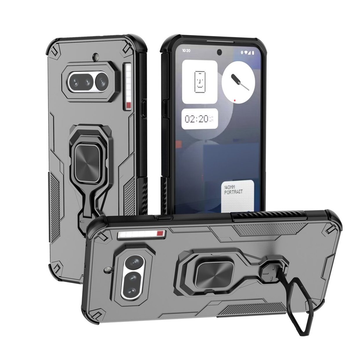 Coque de téléphone grise avec support anneau et ouverture double caméra.