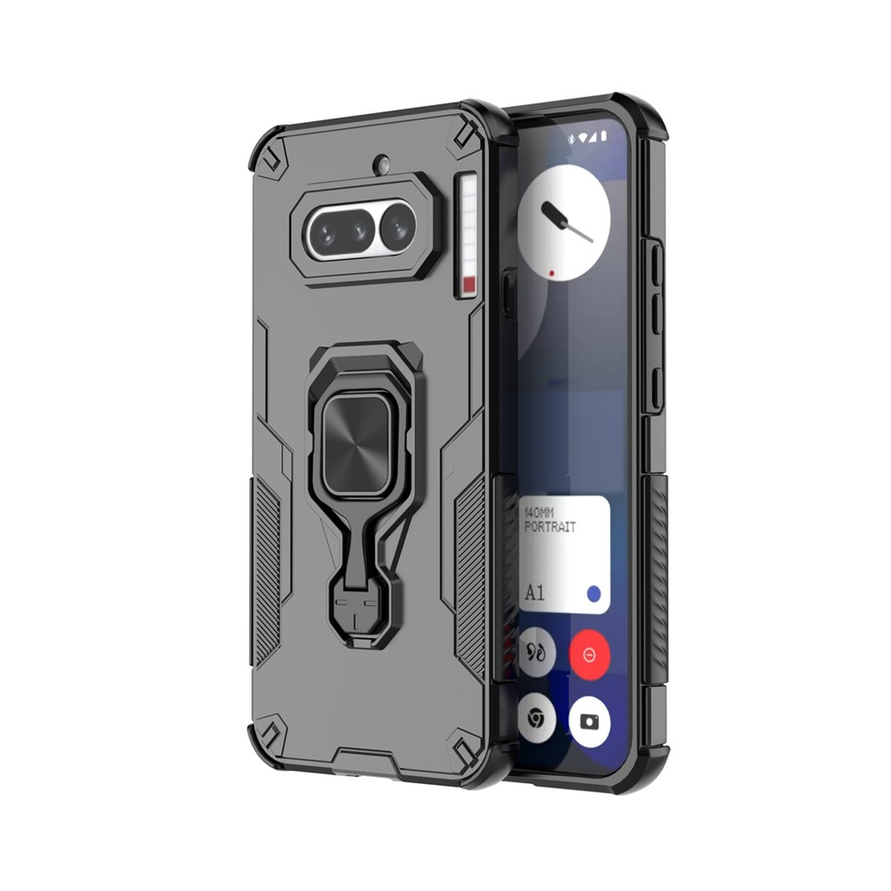 Coque de téléphone grise avec support anneau et double caméra. Un symbole est visible sur l'écran.