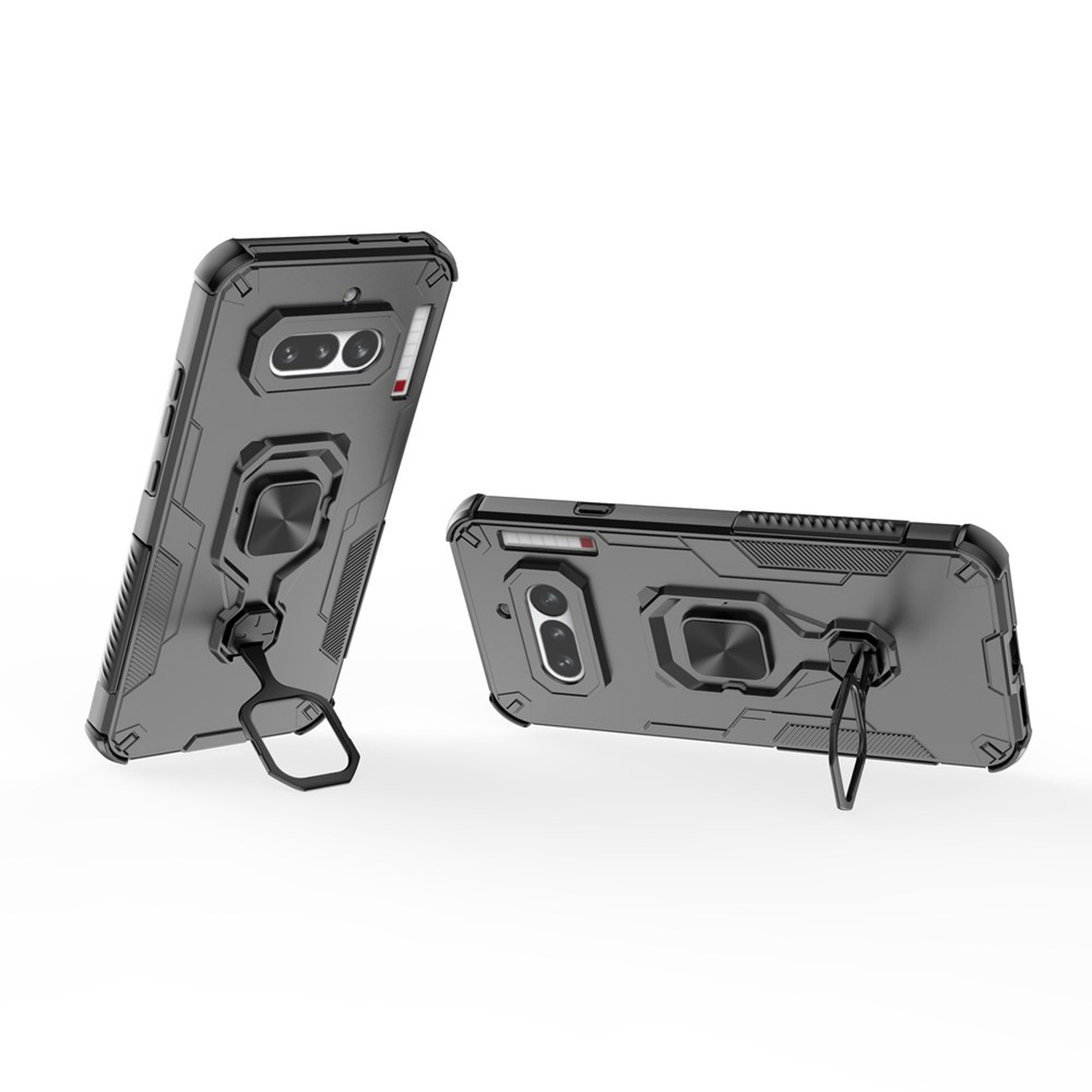 Deux coques de téléphone sombres avec support anneau sur fond blanc.