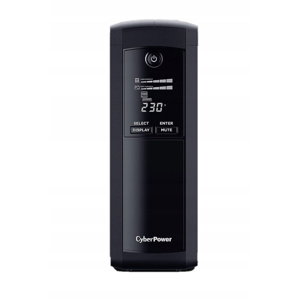 UPS CyberPower nero con display digitale che mostra 230V, carico e capacità batteria.