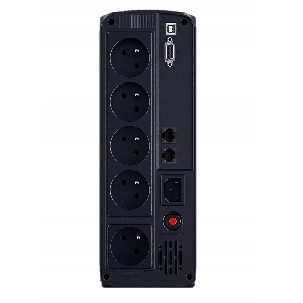 Retro di un gruppo di continuità nero con prese, porte e pulsante rosso.