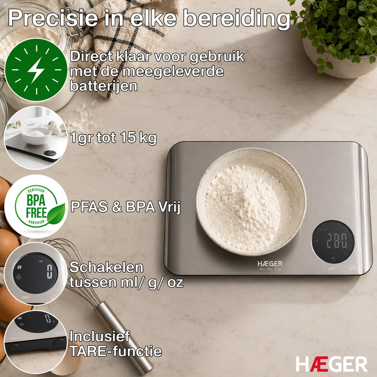 A digital kitchen scale with a bowl of flour, eggs, and text.