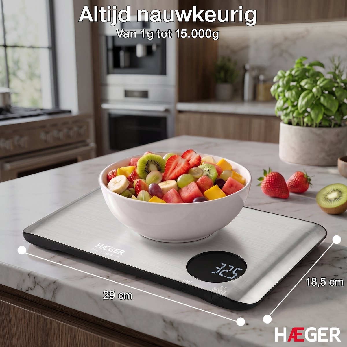 A digital kitchen scale displays 32.5 with a bowl of fruit salad on top.