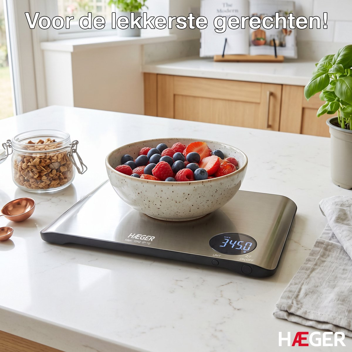 A bowl of berries sits on a kitchen scale next to a jar of granola.