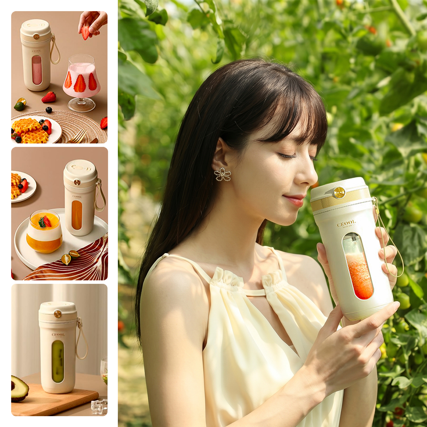 Una mujer huele una licuadora portátil con jugo de naranja al aire libre.
