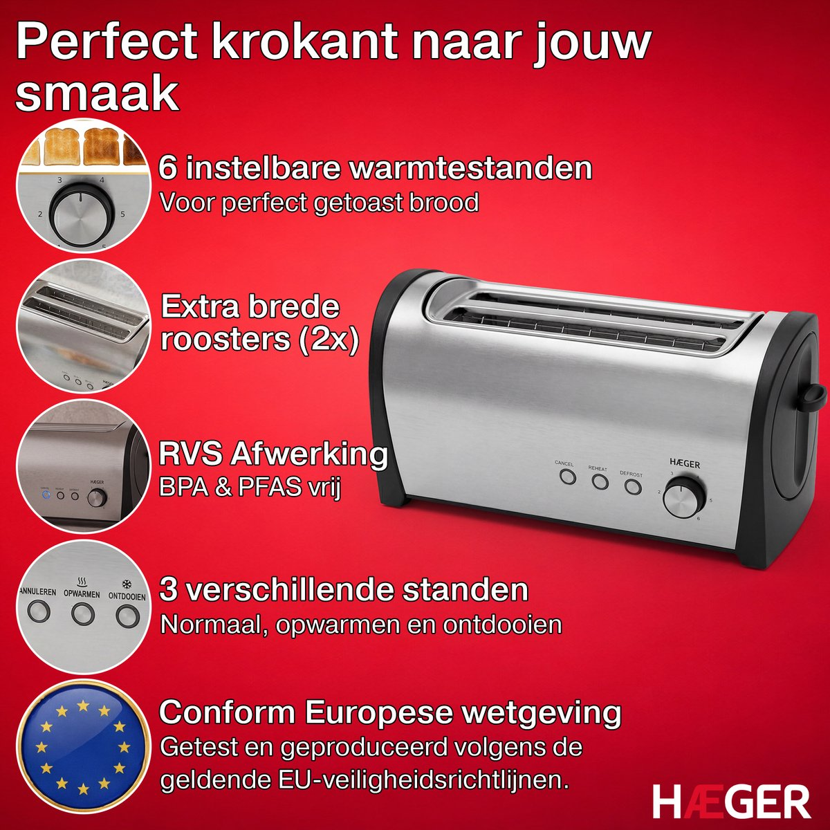 Stainless steel toaster with 6 settings, wide slots and 3 modes.