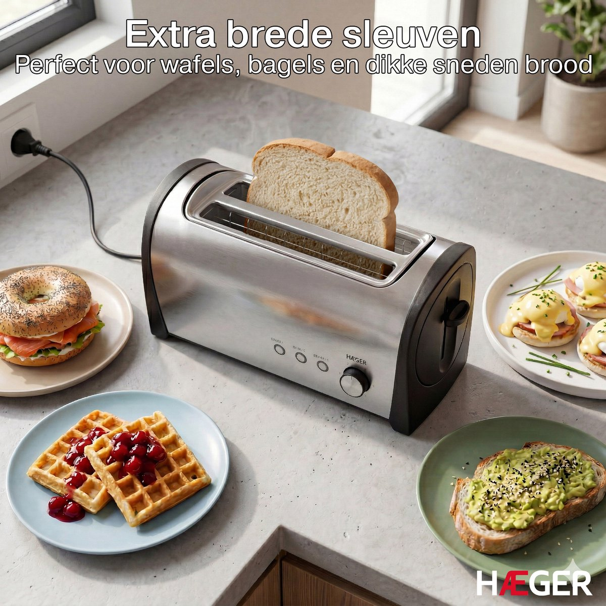 A silver toaster with bread, bagel, waffles, and avocado toast.