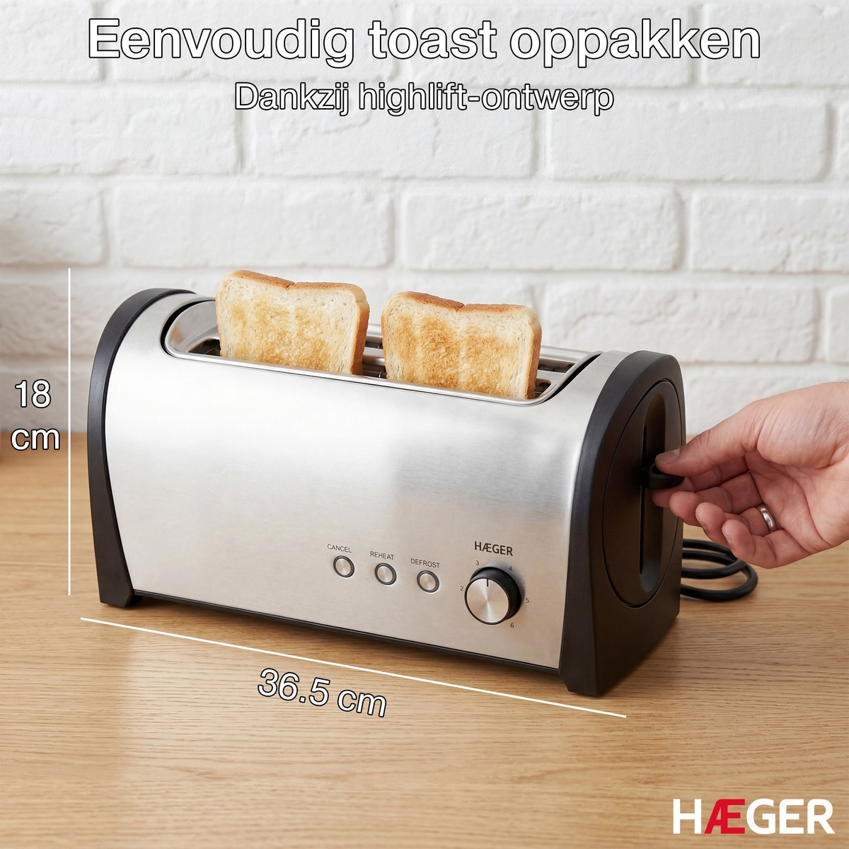 A silver toaster with two slices of toast on a wooden table.