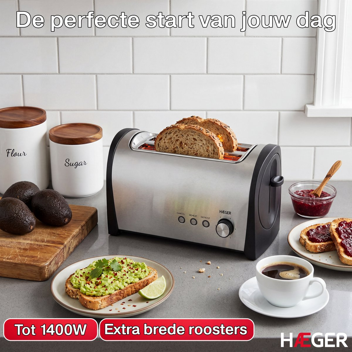 A toaster with bread, avocado toast, berry jam, and coffee on a countertop.