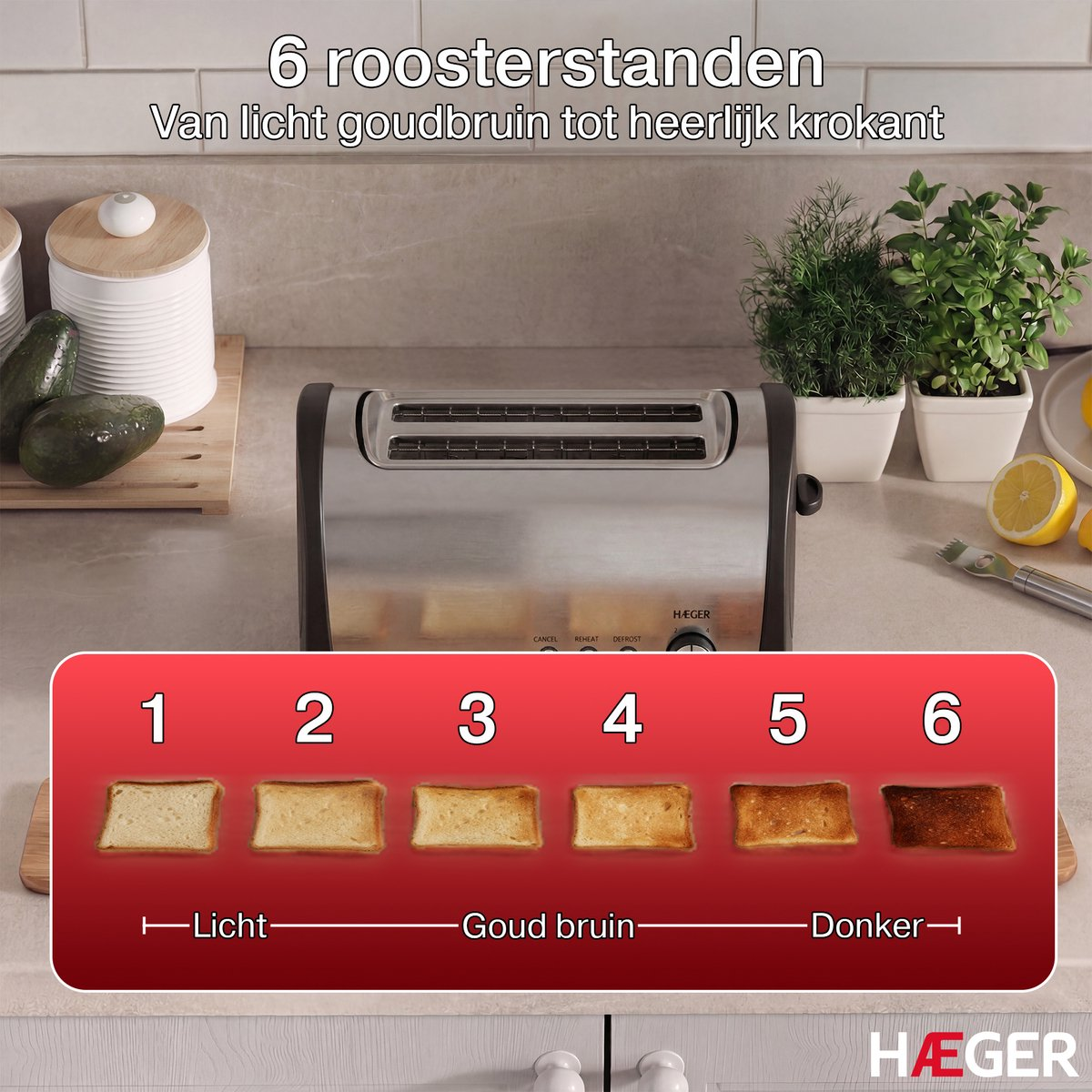 A toaster showing 6 browning levels from light to dark.