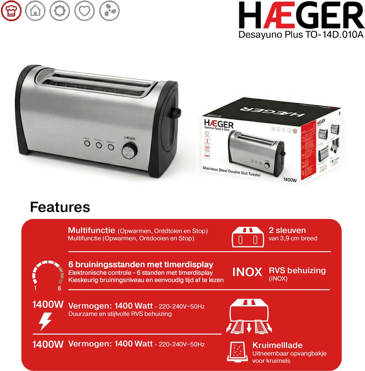 Stainless steel double slot toaster with 6 browning levels and timer.