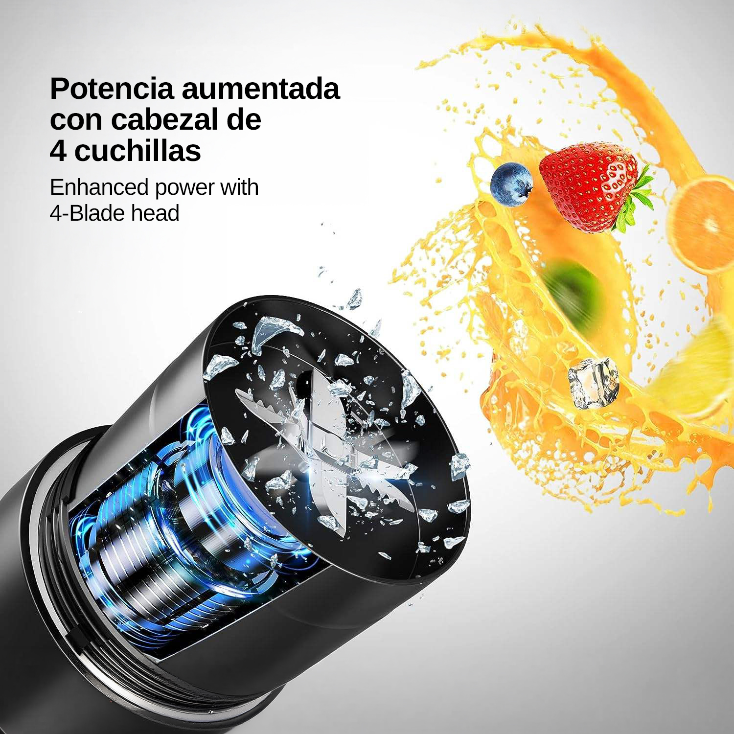 Una licuadora de 4 cuchillas pulverizando fruta en un salpicón de jugo.