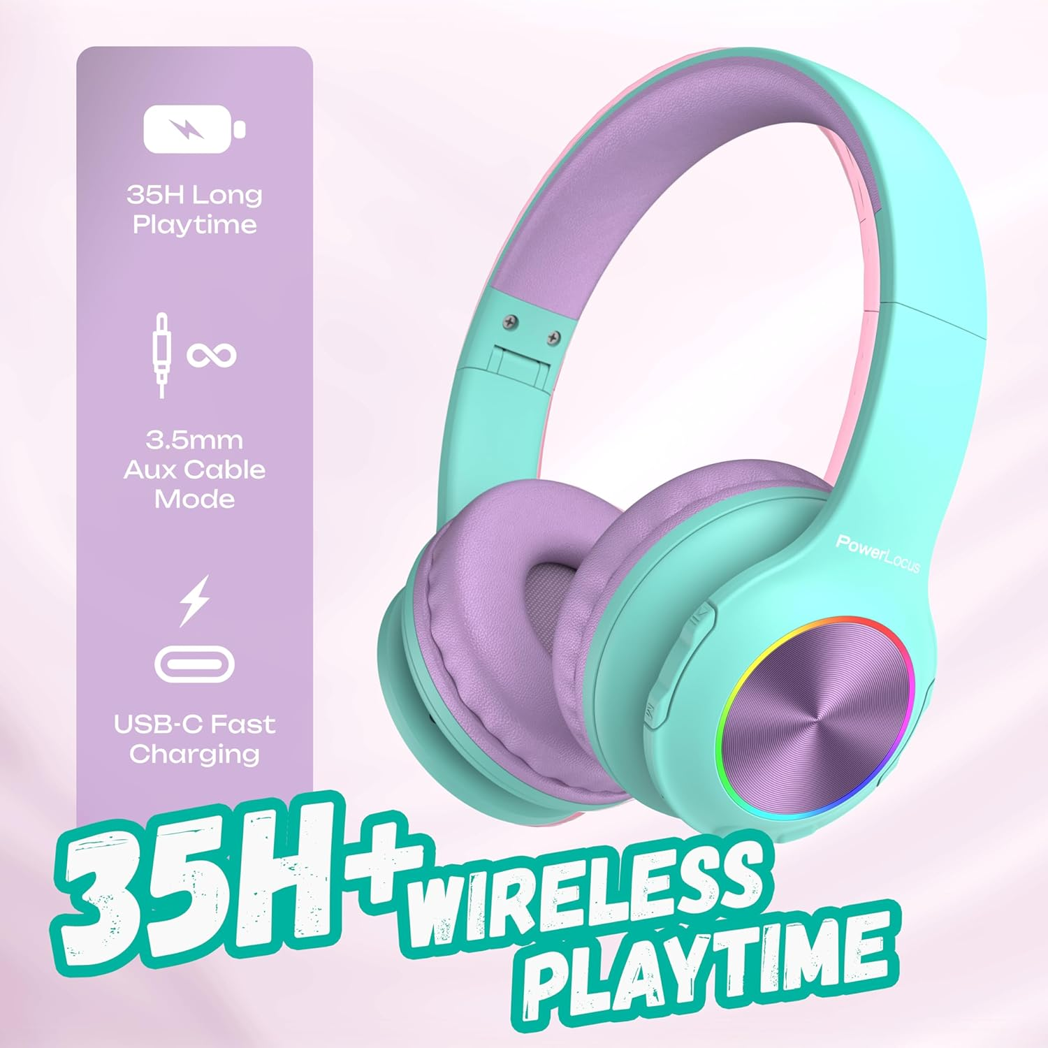 Türkis-lila Kopfhörer mit 35h Akkulaufzeit und USB-C-Schnellladung.