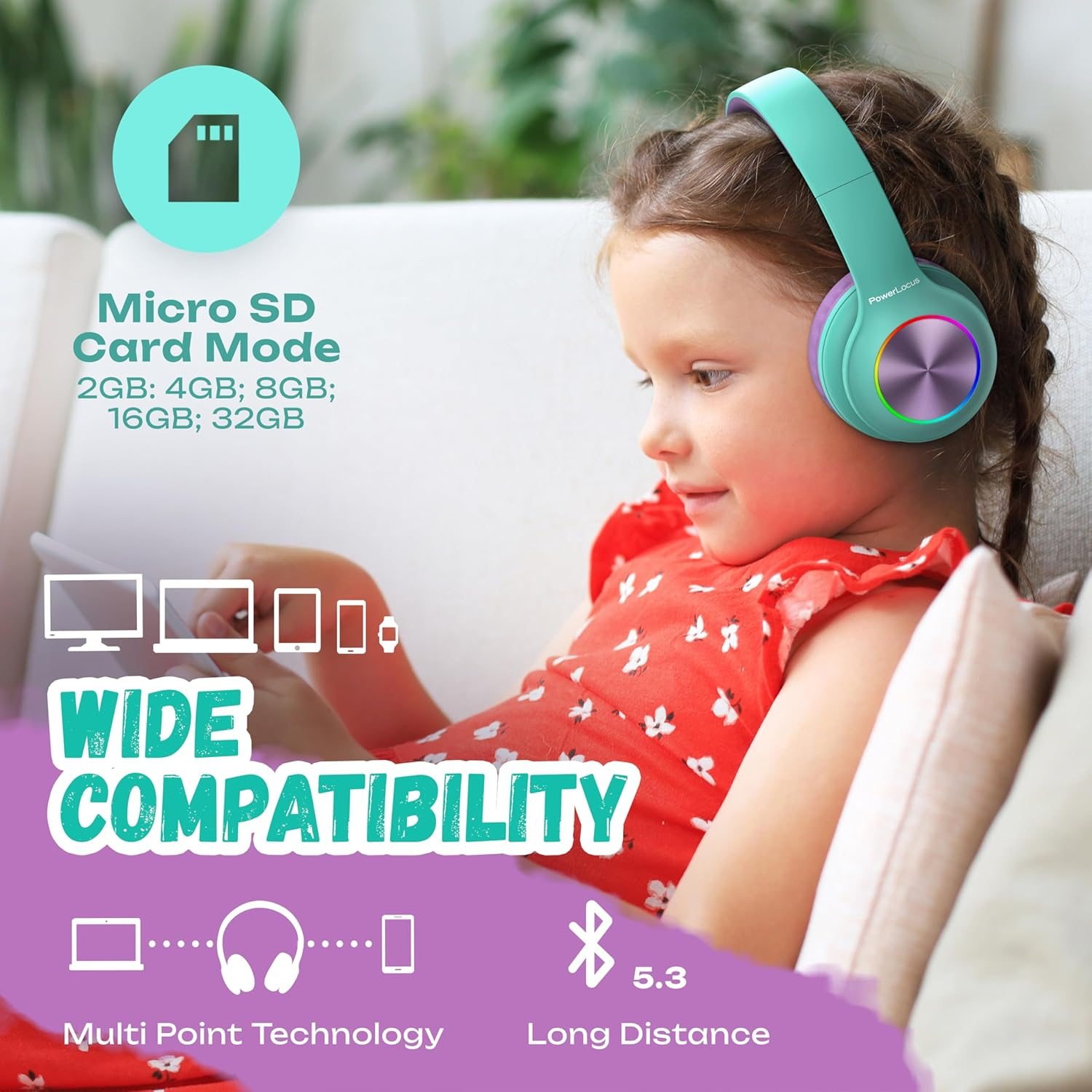 Ein Mädchen mit mintgrünen Kopfhörern, die auf Micro SD-Karten, Kompatibilität und Bluetooth 5.3 hinweisen.