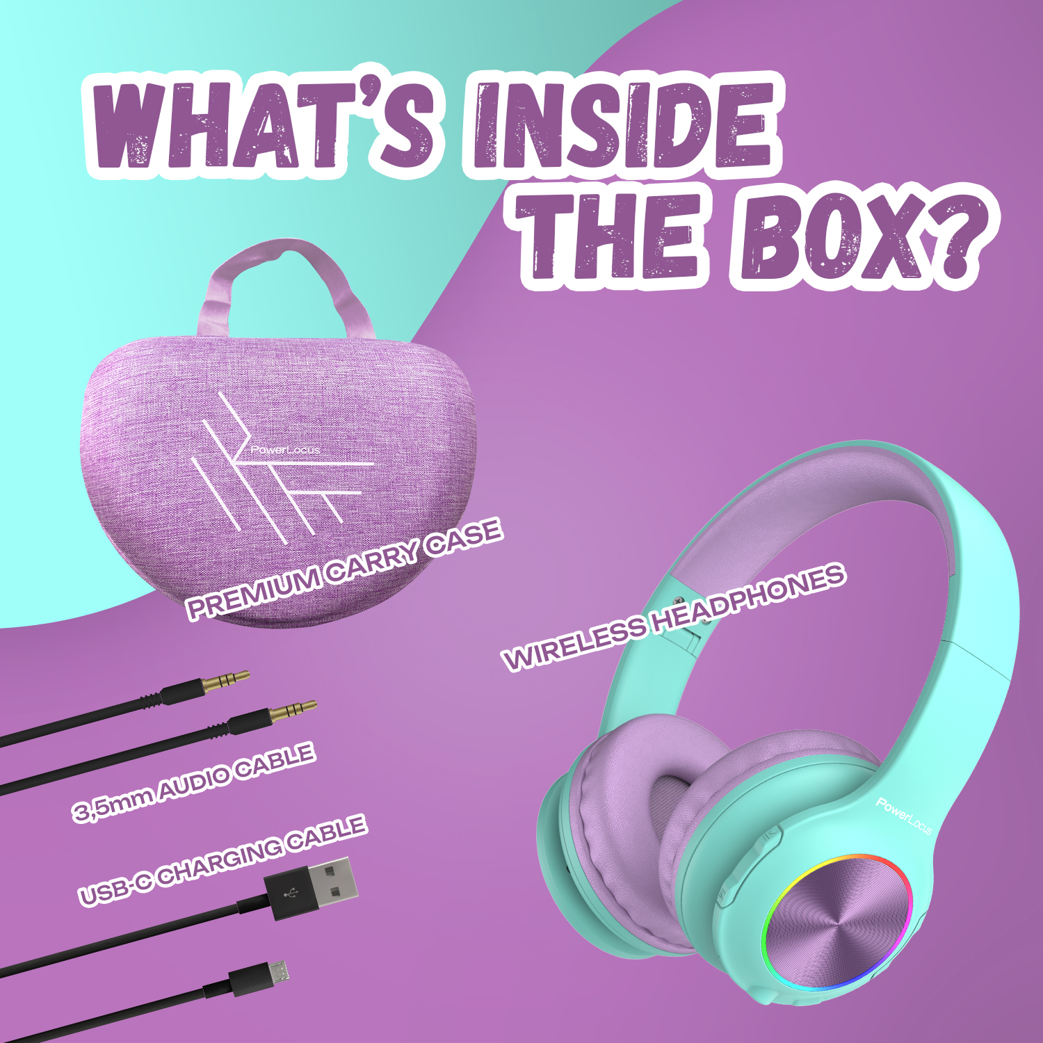 Ein lila Koffer, mintgrüne Kopfhörer, Audiokabel und USB-C-Kabel.