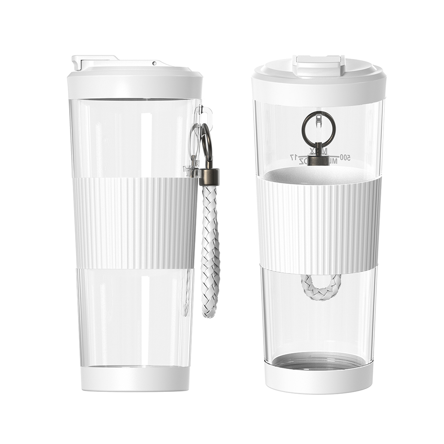Dos licuadoras portátiles blancas con cuerpo transparente, agarre acanalado y correas.