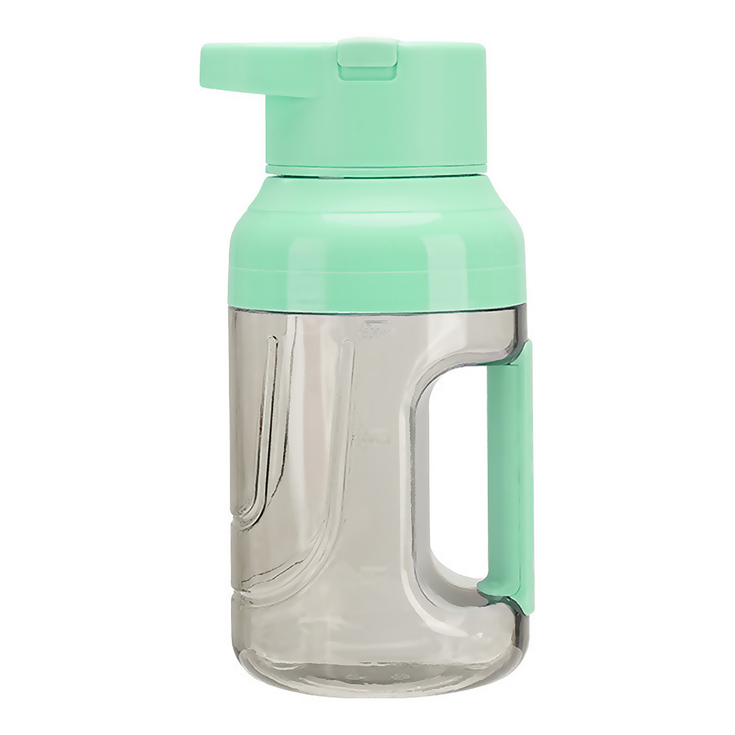 Una botella transparente con asa y tapa turquesa.