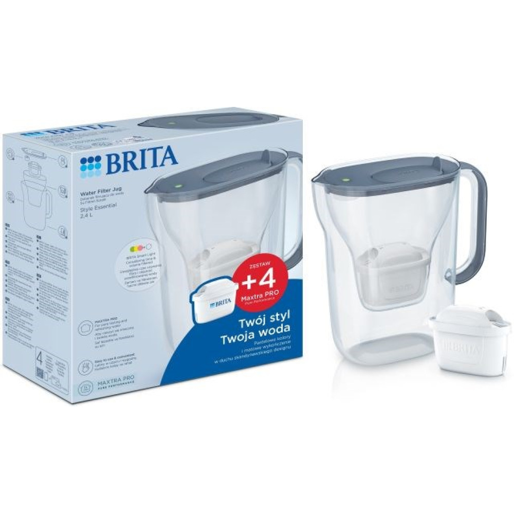 Dzbanek Brita z filtrem do wody i 4 filtrami Maxtra Pro, na białym tle.