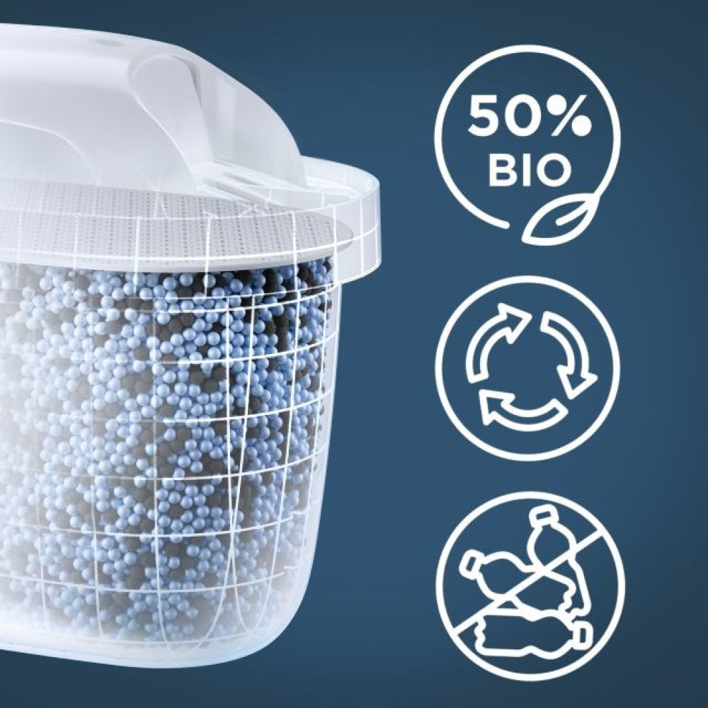 Filtr do wody z niebieskimi koralikami, 50% BIO, ikony recyklingu i bez plastiku.