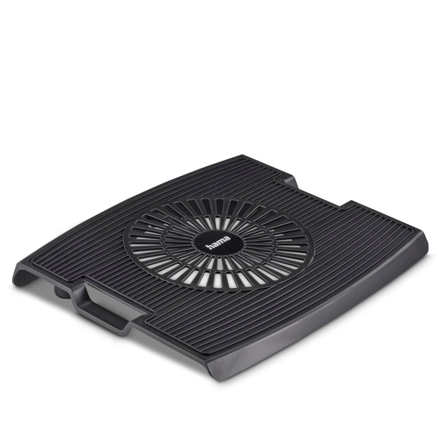Schwarzer Laptop-Kühler mit Lüfter und gerippter Oberfläches.
