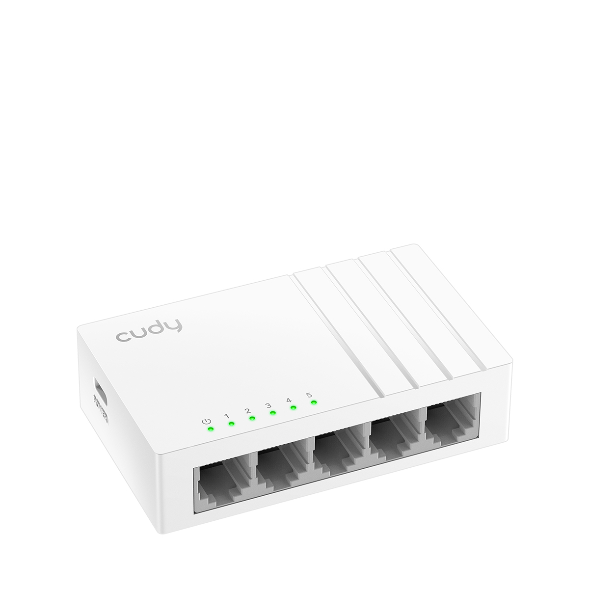 Biały, 5-portowy, niezarządzany przełącznik sieciowy Cudy gigabit z zielonymi wskaźnikami.