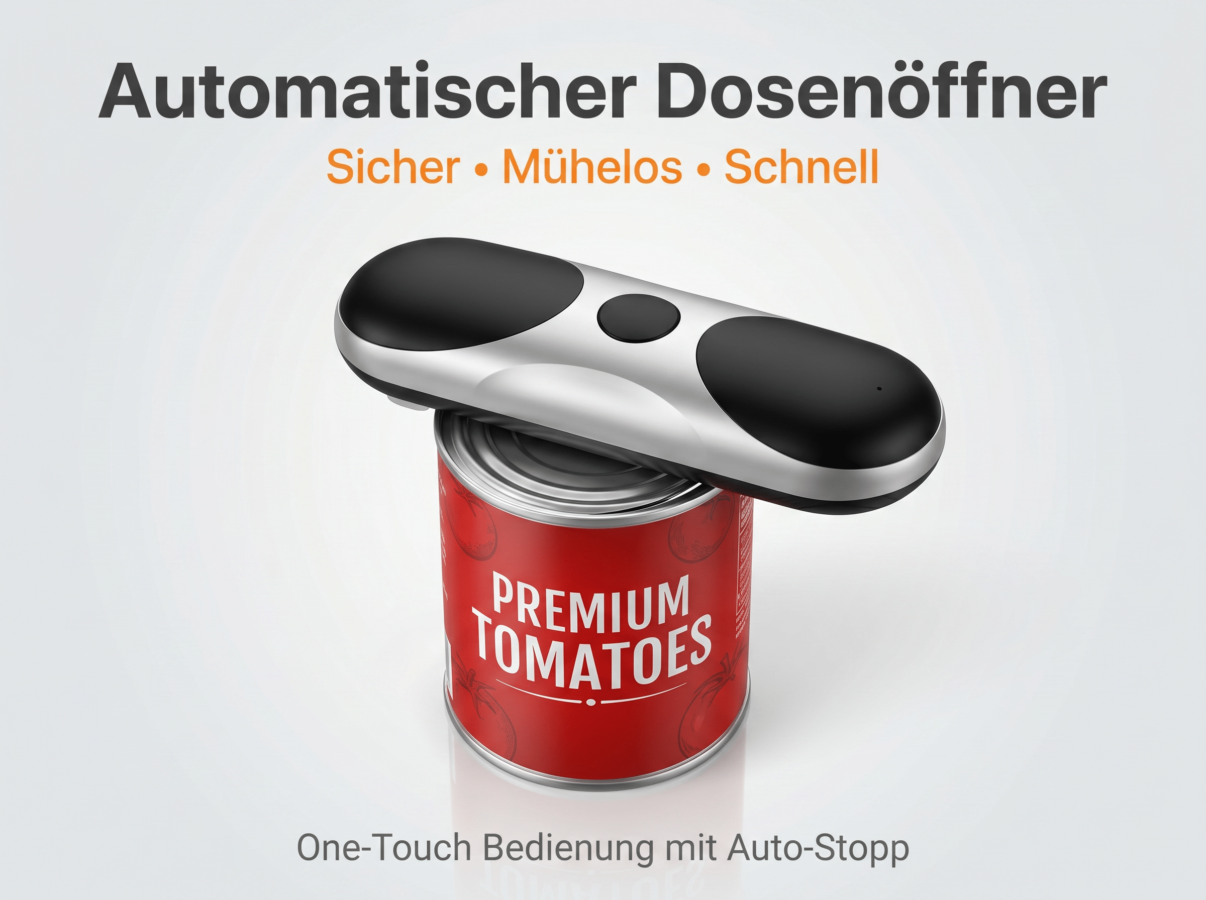 Ein automatischer Dosenöffner auf einer roten Tomatendose.