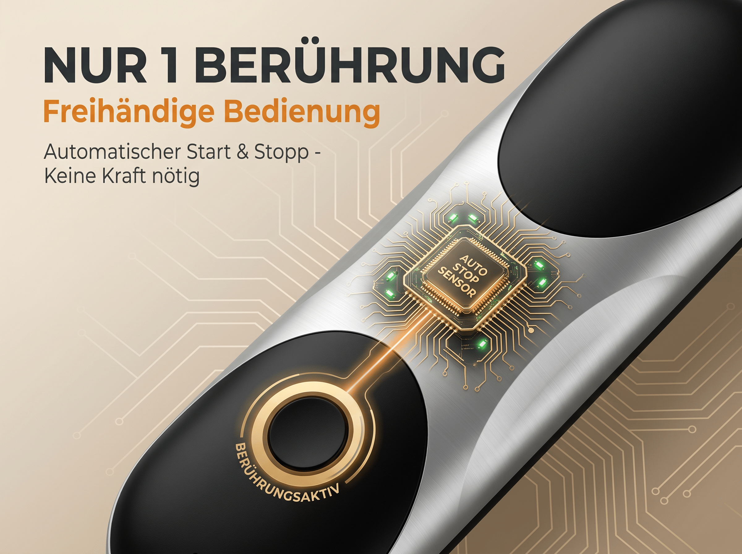 Nahaufnahme eines Geräts mit „AUTO STOP SENSOR“ und „BERÜHRUNGSAKTIV“.