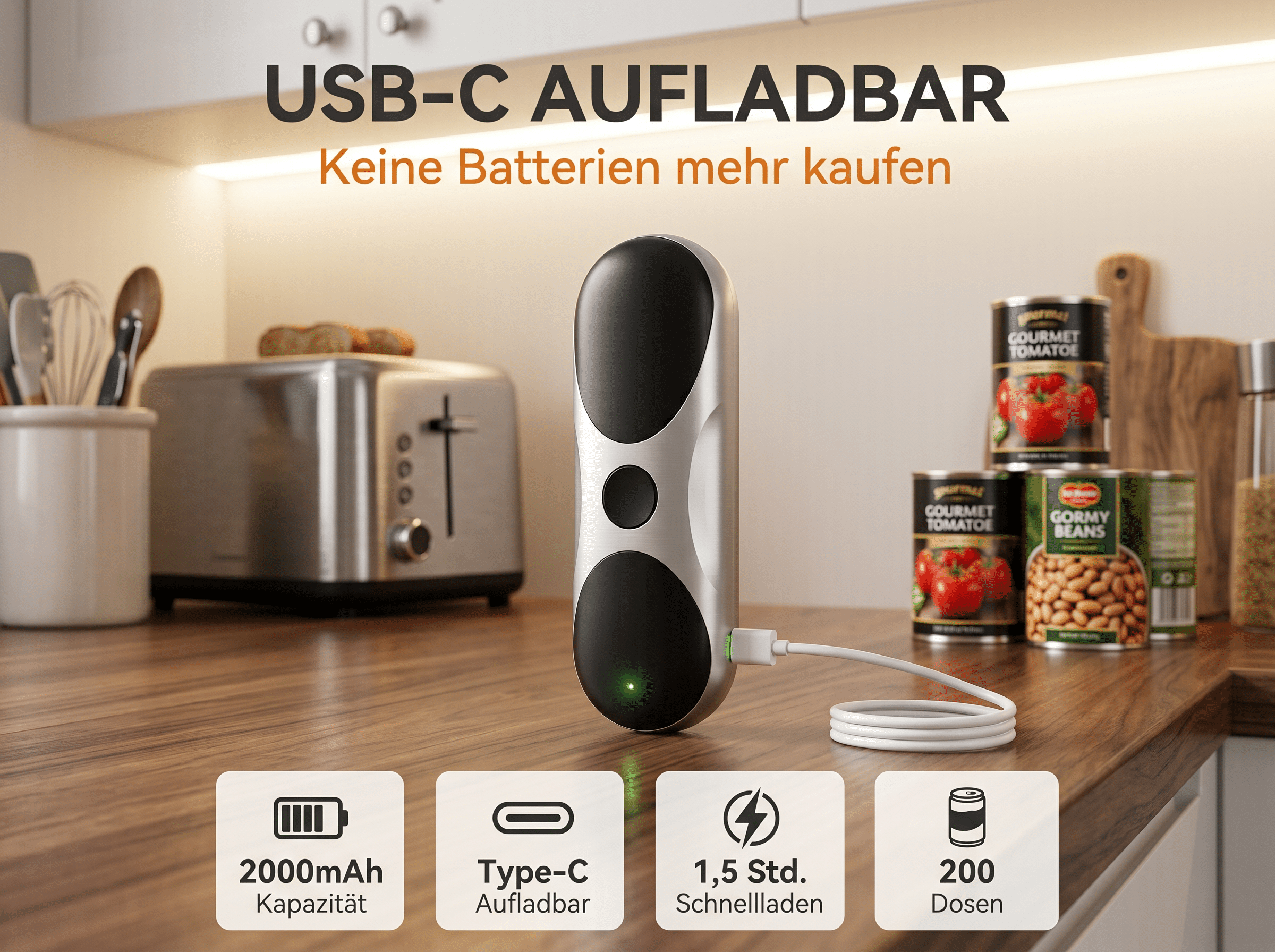 Ein USB-C-Ladegerät steht auf einer Küchenarbeitsplatte mit Dosen und einem Toaster.