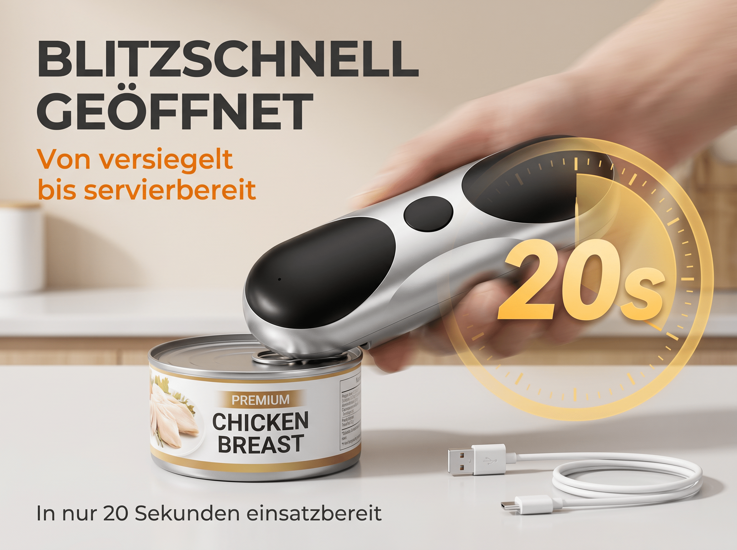 Elektrischer Dosenöffner öffnet eine Hühnerbrustdose in 20s. Ladekabel daneben.