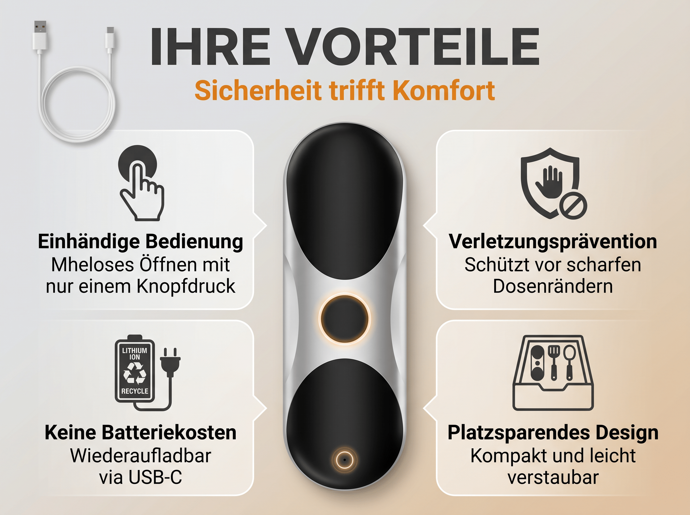 Vorteile: Einhandbedienung, Verletzungsprävention, USB-C Ladefunktion, platzsparend.
