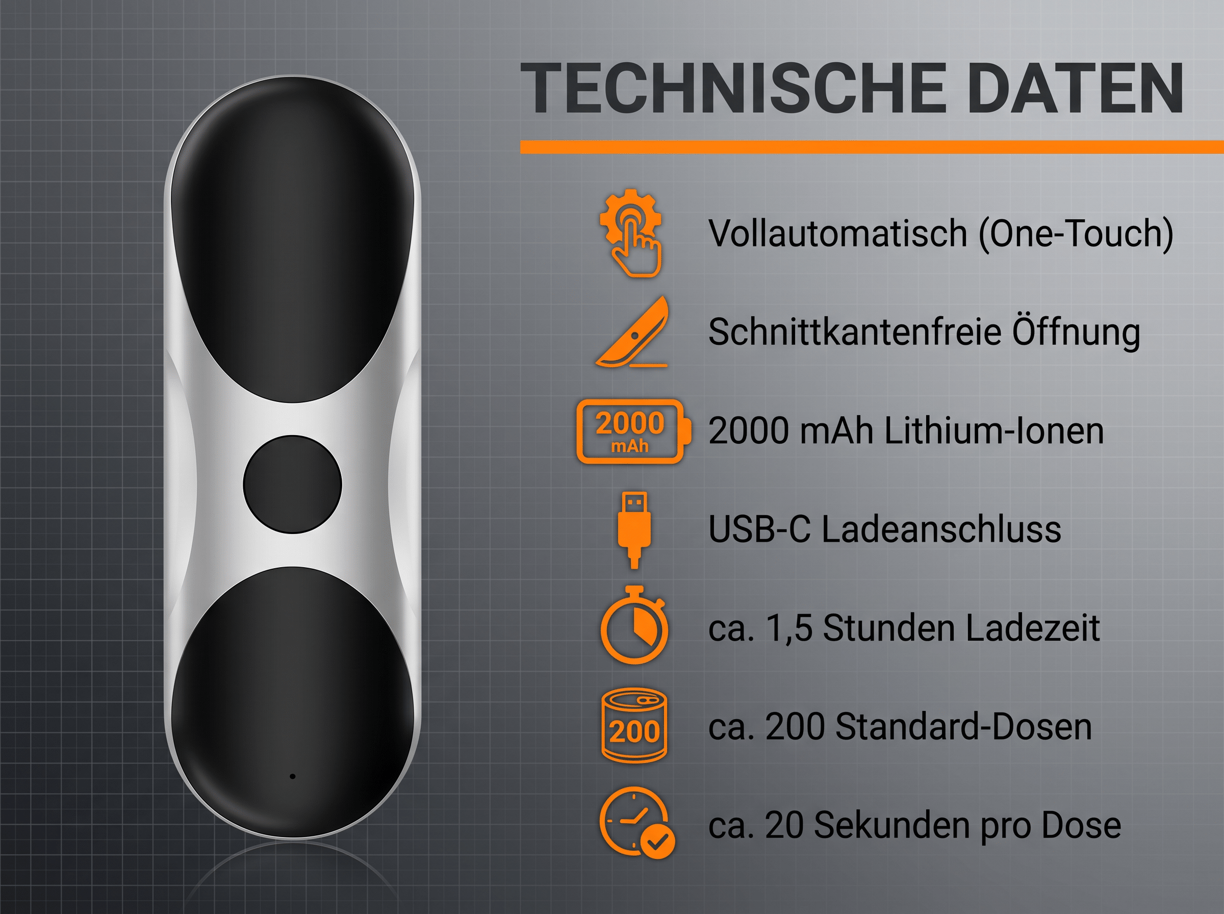 Technische Daten: Vollautomatisch, 2000 mAh Akku, USB-C, 1.5h Ladezeit, 200 Dosen.