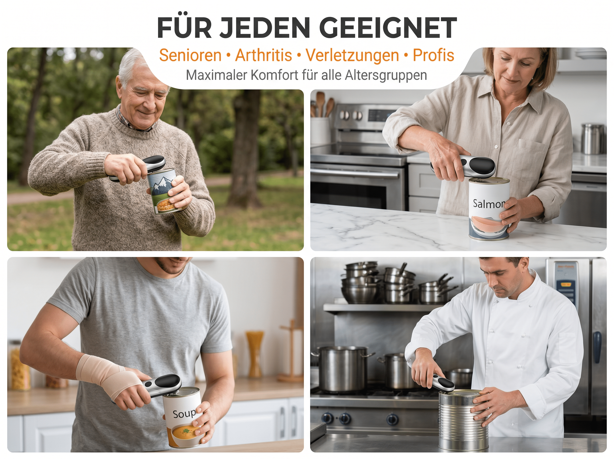 Ein älterer Mann öffnet eine Dose im Freien.