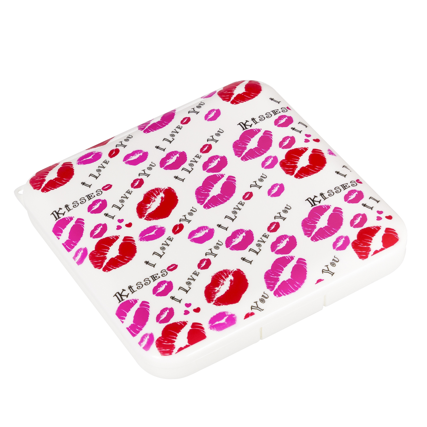 Una caja blanca decorada con huellas de labios rojas y rosas y texto.